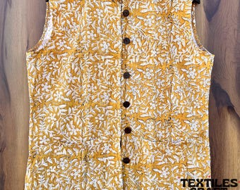 Vaste jas met blokprint voor dames, boho-jas, handgemaakte gewatteerde gele winterbovenkleding