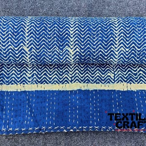 Blue Indigo Kantha Quilt, Zig Zag Hand Block Print Kantha Bedspread, Hand Stitched Queen Size Bed Cover, Kantha Bedding Throw Comforter