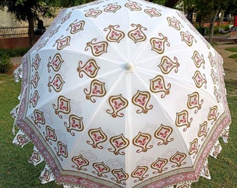 Ombrellone da giardino in cotone con stampa a blocchi indiana: parasole in stile boho