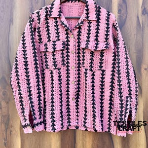 Skjorta med handtryck och blockmönster för kvinnor | Rosa quiltad bomullsskjorta i bohemisk stil