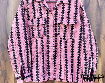 Damesshirt met handblokprint | Roze gewatteerd katoenen boho overhemdjack