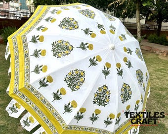 Block Print Outdoor Umbrella, Handmade Garden Parasol, Floral Cotton Patio Umbrella, Backyard Decor