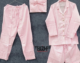 Ręcznie robiony różowy komplet piżamy bawełnianej w paski: damski strój domowy