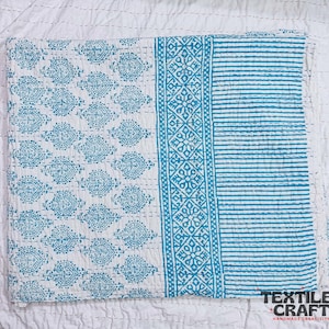 Indian Blue & White kantha Quilt, 100% Cotton Kantha Bedspread, Block Print Bedding Throw King/Queen/Twin Size Cotton Bed Cover Comforter