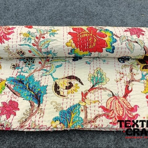 Indian Cotton Kantha Handmade Quilt, Kantha Bedspread Bedding Bed Cover Floral Block Print Kantha Comforter, Pure Cotton Kantha Throw