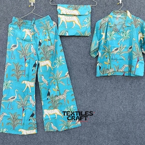 Ensemble palazzo indien, pyjama en coton à imprimé forêt 100 % coton Ensemble chemisier court palazzo indien avec sac Robe de nuit à imprimé tigre pour femme