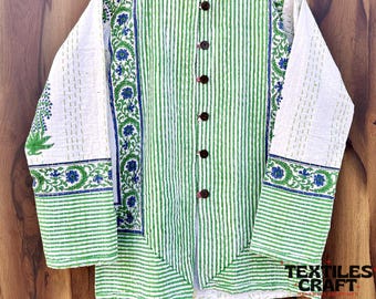 Gewatteerd jack voor dames, handblok Indiase jas, lichtgewicht bovenkleding