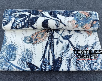 Cotton Owl Print Kantha Quilt: Handmade Indian Bedspread (Queen Size)