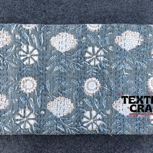 Kantha Quilt Gray Bed Cover Hand Block Floral Print Indian Bedspread Bedding Throw Cotton Kantha Crafts Hand Stitching Quilt Indian Coverlet