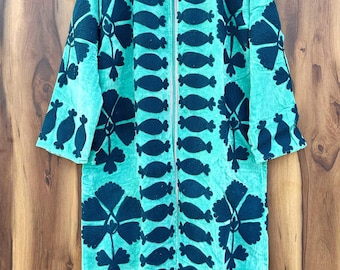Lange geborduurde fluwelen kimono: handgemaakte lange Suzani-jas