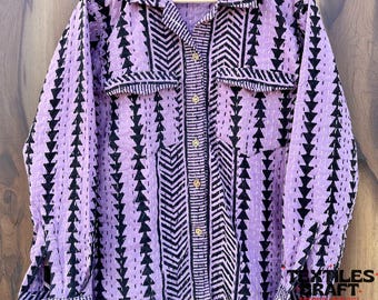 Paars gewatteerd shirt, boho-shirtjack met blokprint, lichtgewicht winterbovenkleding