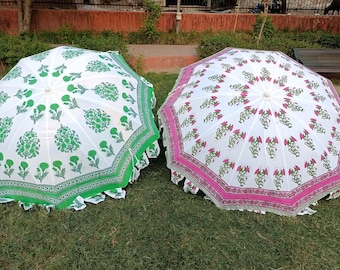 Sombrilla de algodón estampada a mano: Sombrilla de jardín india rosa y verde - 72"