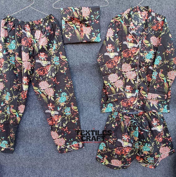 Peacock Print Cotton Pajama Set: Indian Black Sleepwear, 4-piece