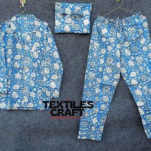 Ensemble pyjama bleu indien en coton à fleurs, chemise de nuit pour femme faite main, pyjama en coton à imprimé floral, pyjama et chemise avec sac