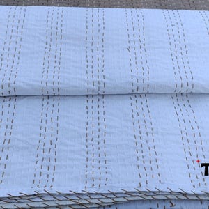 Cotton Solid White Reversible Kantha Quilt, Indian Cotton Hand Stitched Bedspread, Hand Made Kantha Bed Cover, Soft Cotton Bedding Throw