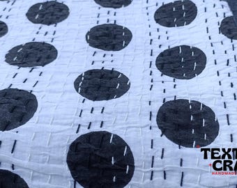 Black Polka Dot Kantha Quilt: Hand Block Print Cotton Bedspread