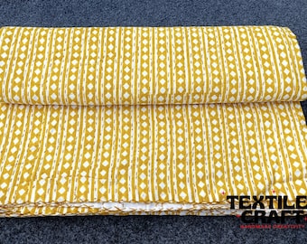 Yellow Block Print Kantha Bedspread: Indian Stitched Cotton Quilt