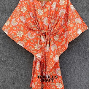 Summer Wear Floral Print Cotton kaftan For Beach Cover Up, Indian Handmade Floral Cotton Kaftan, Orange Summer Cotton Kaftan, Women Dress