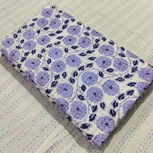 Hand Block Print Kantha Quilt, Purple Cotton Handmade Kantha Hand Stitch Quilt, Queen Size Bedding Throw  Kantha Bed Cover Bedding Bedspread