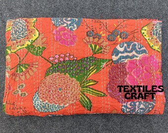 Handmade Orange Kantha Quilt: Floral Print Cotton Bedspread