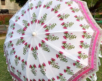 Sombrilla de algodón rosa estampada a mano: sombrilla india grande, decoración para patio