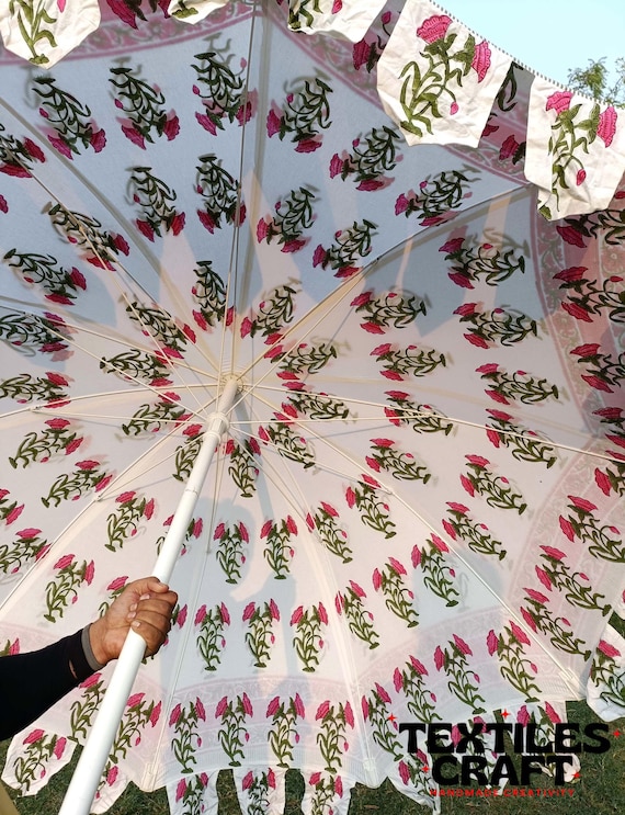 floral patterned patio umbrella Elegant Green Transform your outdoor seating space with the custom patio umbrella Pink Hand Block Printed Cotton