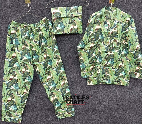 Handmade Leaf Print Cotton Pajama Set: Long Sleeve Sleepwear