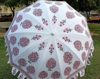 Sombrilla de jardín con estampado floral indio: sombrilla de patio de algodón hecha a mano
