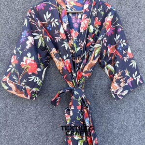 Indian Kimono Robe, Dressing Gown Women, Cotton Robe, Cotton Kimono Brides Robe, Blue Kimono Plus Size Robe, Bird Print Kimono, Gift for Her