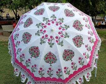 Pink Floral Block Print Garden Umbrella: Boho Patio Parasol Big Size Decorative Sunshade