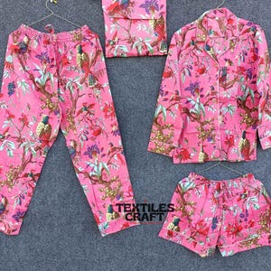 Indian Cotton Long Pajama Set, Handmade Organic Cotton Night Suit, Pink Bird Pj Set, Long Sleeves Nightwear Dress, Pyjama Set, Women Dress