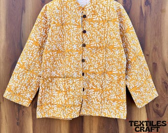 Gewatteerd jack met handblok, katoenen uitloper met blokprint, oversized boho-laagjas