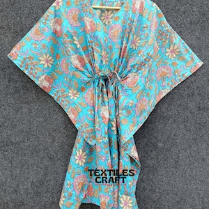 Cotton Blue Kaftan Indian Handmade Floral Kaftan Dress Long Caftan Women Dress Beachwear Dress Gifts For Bridesmaids Dress For To Be Moms