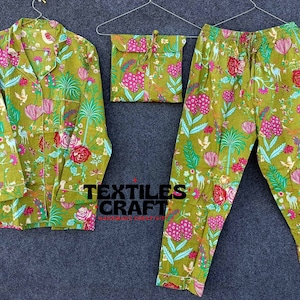 Ensemble pyjama vert à imprimé animal Ensemble de pyjama indien en coton, tenue de nuit pour femme, robe, pyjama et chemise en coton doux à imprimé floral pour femme avec sac