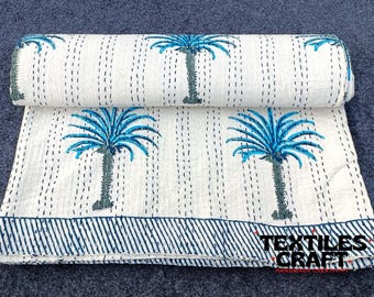 Blue Palm Tree Kantha Quilt: Block Print Cotton Queen Bedspread