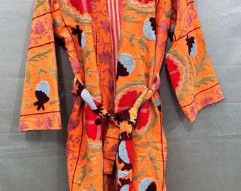 Embroidered Orange Long Kimono Jacket: Handmade Cotton Suzani Robe