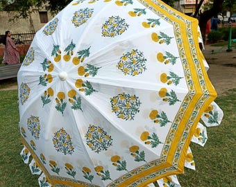 Hand Block Print Cotton Umbrella: 72" Indian Parasol