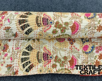 Floral Print Kantha Quilt: Indian Cotton Bedspread, Queen Size
