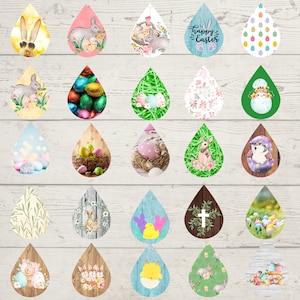 Puede incluir: Veinticuatro pegatinas en forma de gota de agua con temática de Pascua con varios diseños, incluyendo conejos, huevos, flores y las palabras "Feliz Pascua".