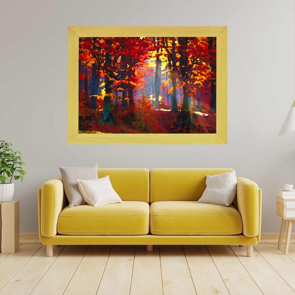 Herfstlandschap, bos, herfstkleuren, olieverfeffect, digitale aankoop, kunst aan de muur, digitale kunst, digitaal schilderen