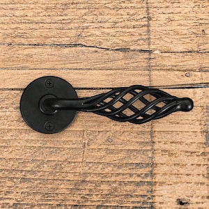 May include: A matte black door handle featuring a circular mounting plate with two visible screws and a horizontal lever with a cage-like, twisted metal design. The handle is constructed from dark metal and has a smooth, uniform finish throughout.