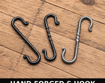 Hand Forged S Hook – Steel Hanging Hook, 100/150/230/300 mm + Custom, Round or Square Bar, Black or Waxed Raw Steel