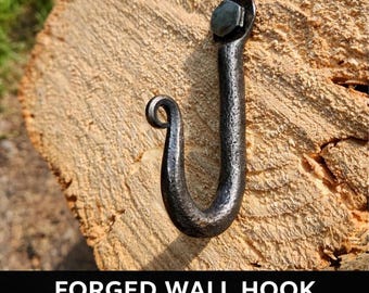 Hand Forged Wall Hook – Blacksmith Coat, Towel & Bag Hanger with Screws, Rustic Wrought Iron Style, Handmade in Europe