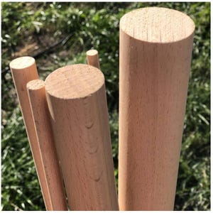 May include: A collection of unfinished wooden dowels of varying diameters. The dowels are cylindrical, with a light brown color and visible wood grain. The ends are flat and smooth. The background is blurred green grass.