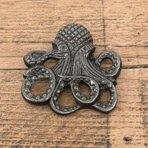 Peut inclure: Un ornement en métal gris foncé en forme de pieuvre, doté d'une tête arrondie texturée et de multiples tentacules courbés avec des détails de ventouses visibles. La surface présente une finition mate et patinée avec des rainures.