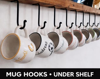 Hand-Forged Mug Hooks – Under Shelf Cup Hooks for Coffee Bar Kitchen, Under Cabinet Hangers, Black / Waxed Raw Steel, 3 Sizes + Custom