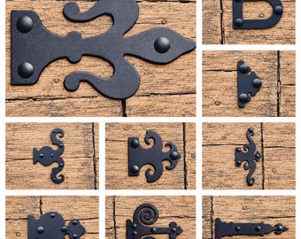Small Faux Strap Hinges – Decorative Shutter Hardware, Carriage House Look, Matte Black Powder-Coated Steel, 11 Designs, 80–200mm (Dummy)