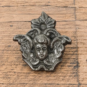 Op de afbeelding: Een decoratief embleem van donker zilverkleurig metaal met een centraal cherubijngezicht omringd door gestileerde vleugels en een bloemmotief aan de bovenzijde. Het stuk heeft een getextureerde, antieke afwerking met reliëfdetails en een symmetrische vorm.