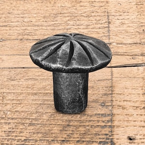 May include: A dark grey metal cabinet knob with a cylindrical base and a wide, rounded top featuring a series of radiating, carved grooves that extend from the centre to the outer edge, creating a textured, sunburst-like pattern on the surface.