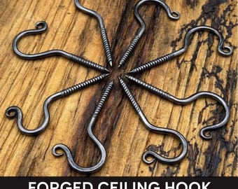 Hand Forged Ceiling Hook – Rustic Beam Screw-In Hook, Waxed Raw Steel, 2 Sizes